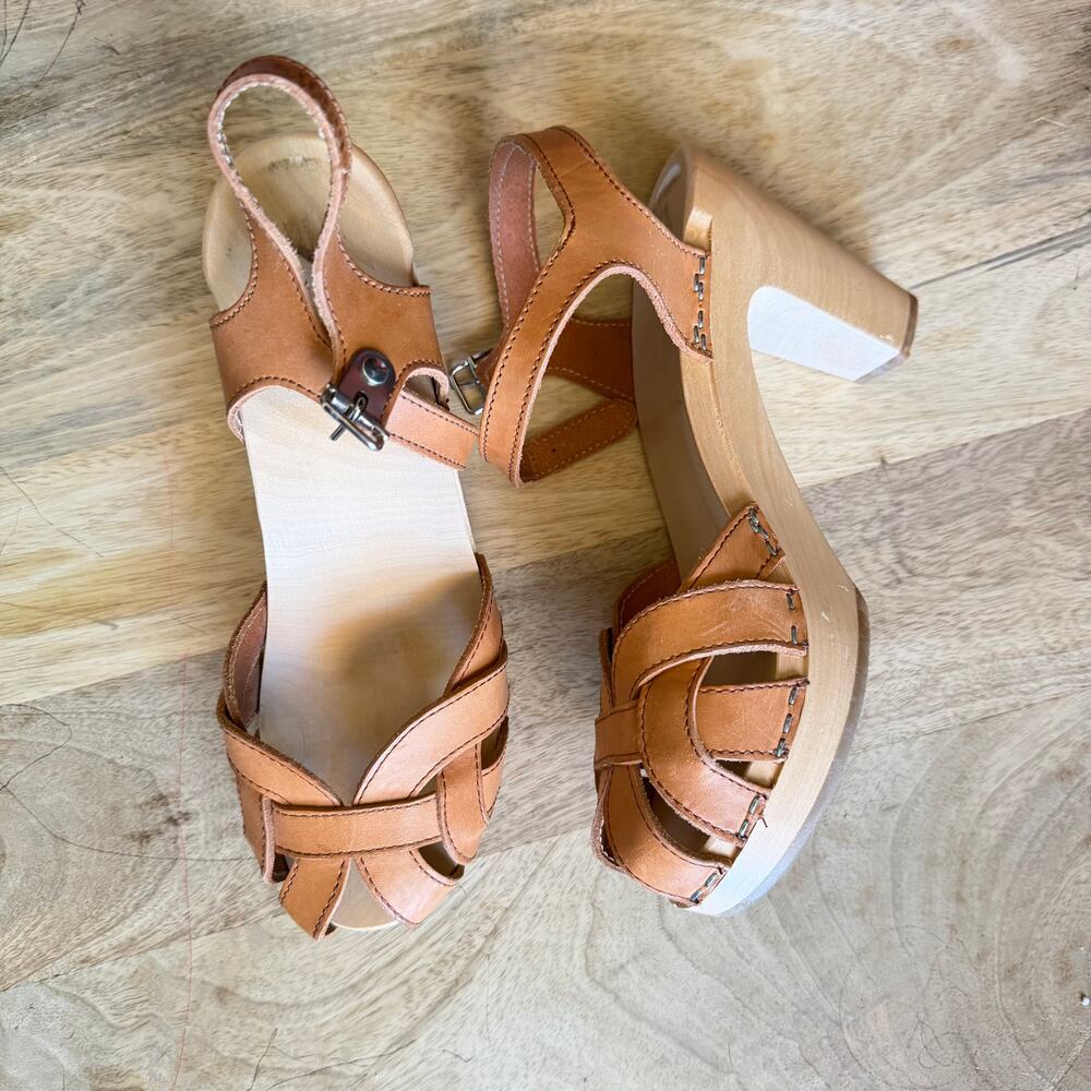 Swedish Hasbeens Leather Wooden Clog Sandals Tan Platform Heels Boho Size 37